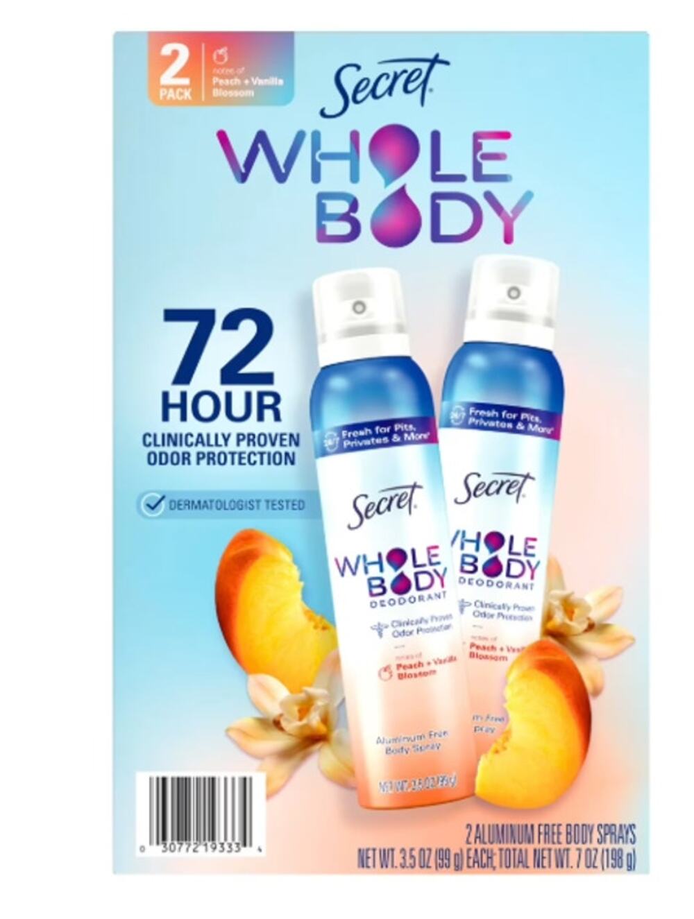 Secret Whole Body Deodorant Spray for Women,2PK  Peach & Vanilla scent 3.5 oz